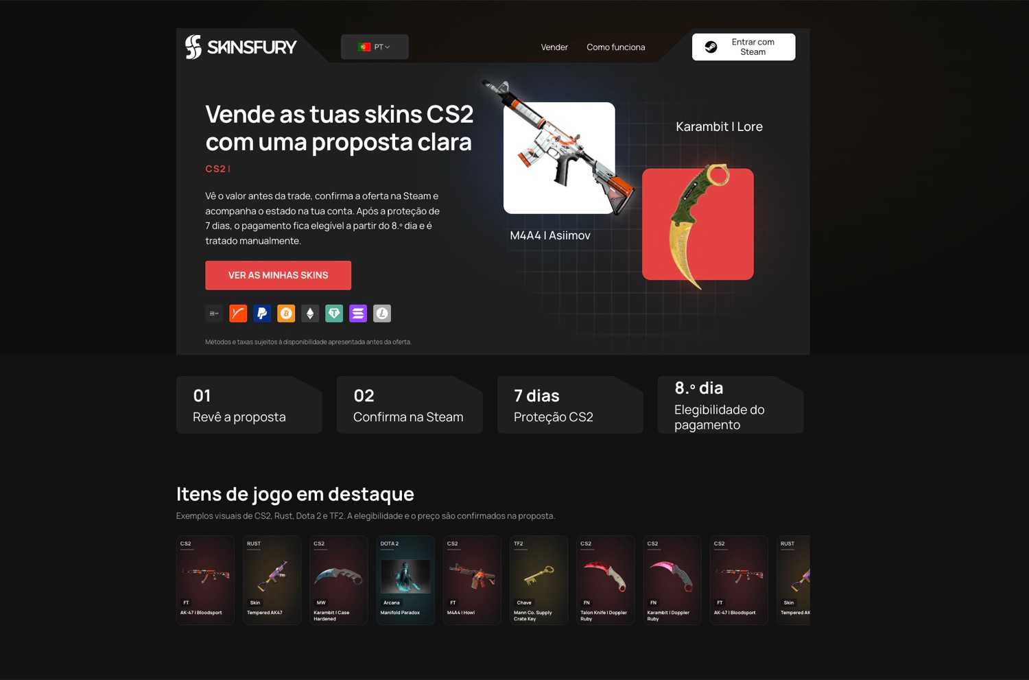 Landing page pública do SKINSFURY em desktop