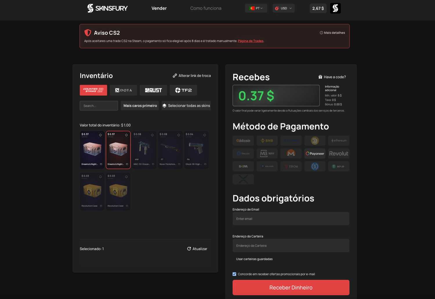 Experiência autenticada do SKINSFURY com inventário e seleção do método de pagamento